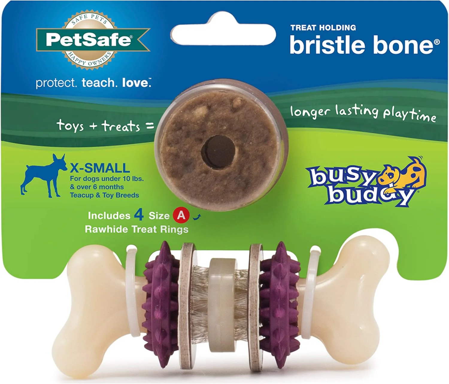 PetSafe Busy Buddy Bristle Bone Dog Toy - Treat-Holding Toy for Small Dogs - Treat Rings Included - Rigorously Tested Ingredients - Purple, Extra Small (BB-BRI-BN-XS)