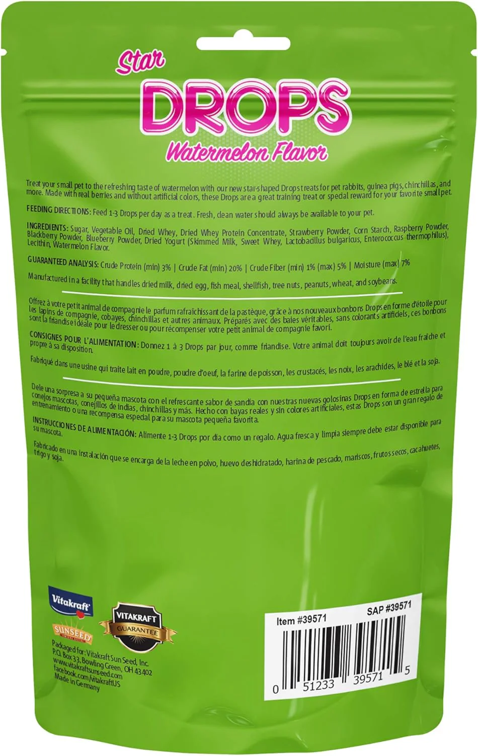 Vitakraft Star Drops Watermelon Flavor Rabbit, Guinea Pig & Chinchilla Treat 4.4 oz - Image 2