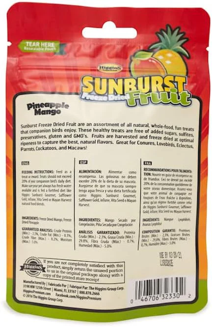 Higgins Sunburst Freeze Dried Fruit Pineapple Mango For Birds 0.5 oz - Image 2