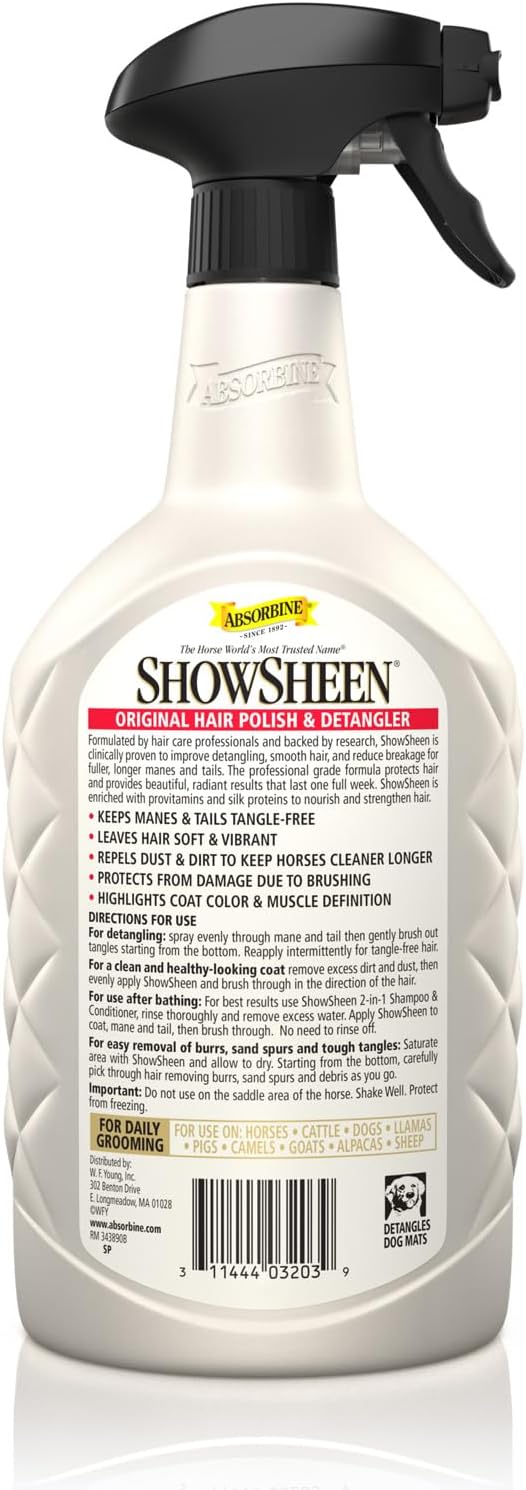 Absorbine ShowSheen Hair Polish & Detangler 32oz Spray Bottle, Horse and Dog Coat, Mane and Tail, Instant Detangling & Reduces Hair Breakage for Healthy Grooming & Radiant Shine - Image 2