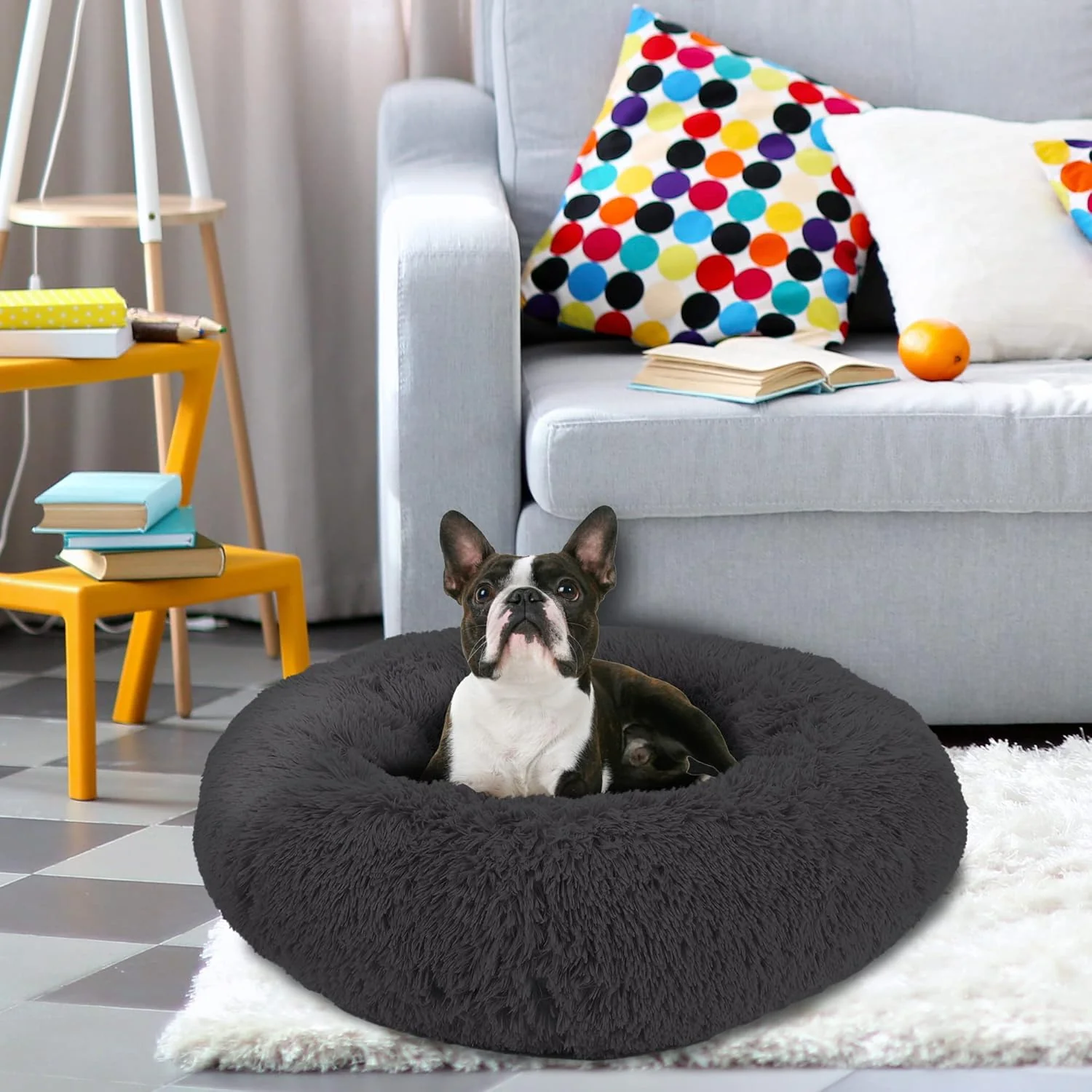 Arlee Donut Round Pet Dog Bed - Memory Foam - Calming Reduce Anxiety - Shaggy Vegan Fur - Assembled USA, Black - Image 3