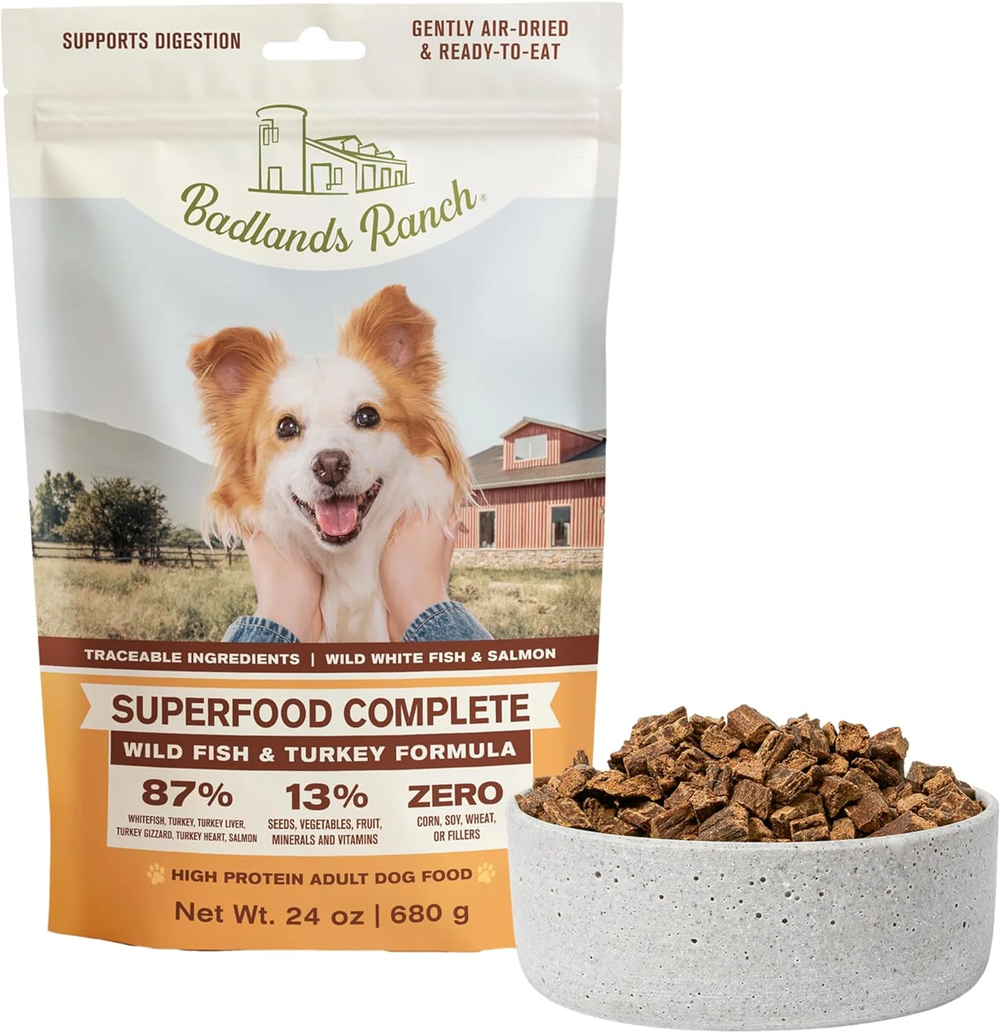 BADLANDS RANCH- Superfood Complete, Air-Dried Adult Dog Food - High Protein, Zero Fillers, Superfood Nutrition by Katherine Heigl (Wild Fish and Turkey Formula)