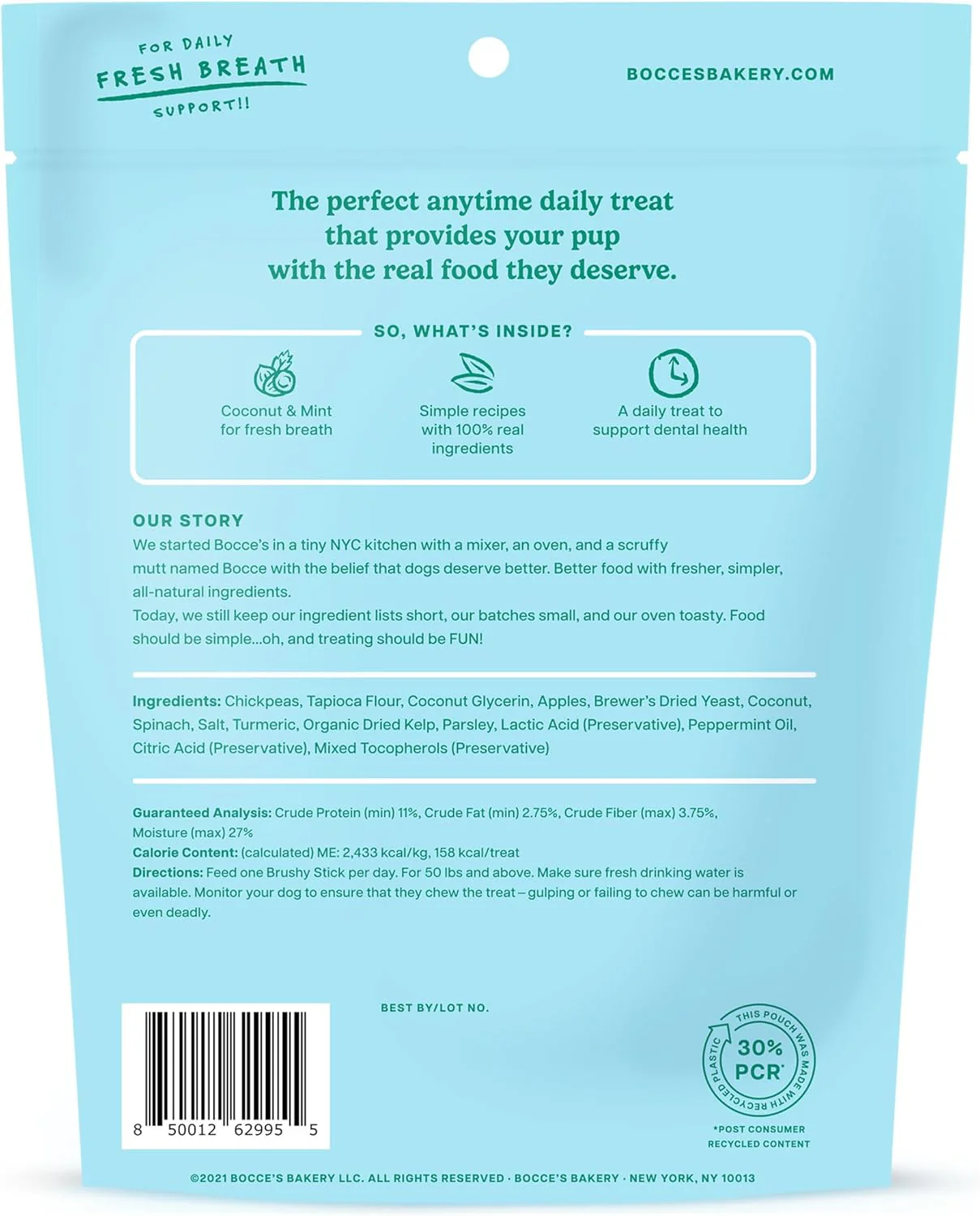 Bocce’s Bakery Dailies Brushy Sticks to Support Oral Health & Fresh Breath, Wheat-Free Dental Bars for Dogs, Made with Real Ingredients, Baked in the USA, All-Natural Coconut & Mint Recipe, Large Dogs - Image 2