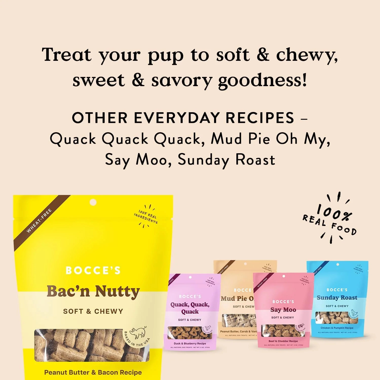 Bocce's Bakery Bac'n Nutty Soft & Chewy Dog Treats, Wheat-Free PB & Bacon Flavored All Natural Limited Ingredient Oven Baked Cookies for Dogs, 6 oz Bag - Image 5