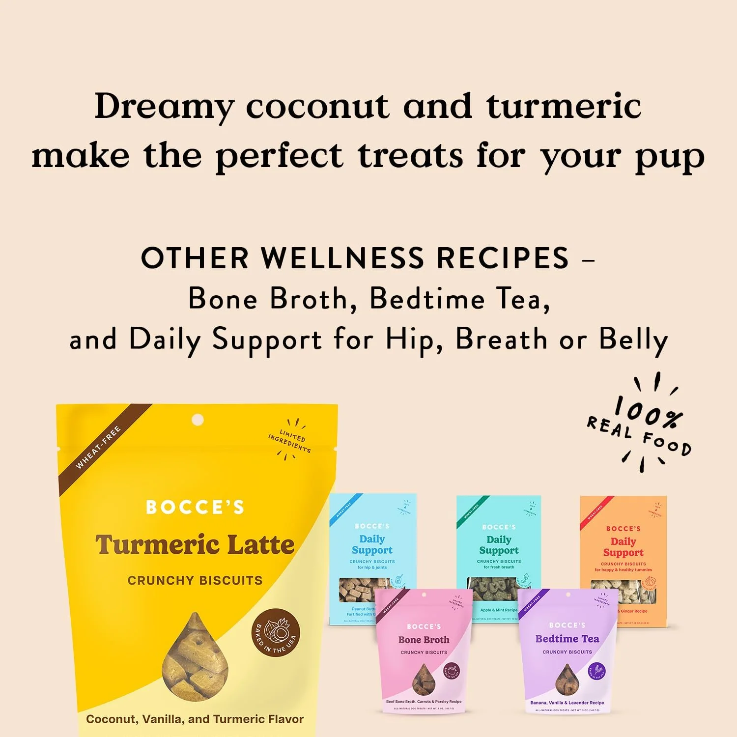 Bocce's Bakery Oven Baked Turmeric Latte Treats for Dogs, Wheat-Free Everyday Dog Treats, Made with Real Ingredients, Baked in The USA, All-Natural Biscuits, Coconut, Vanilla, & Turmeric, 5 oz - Image 5