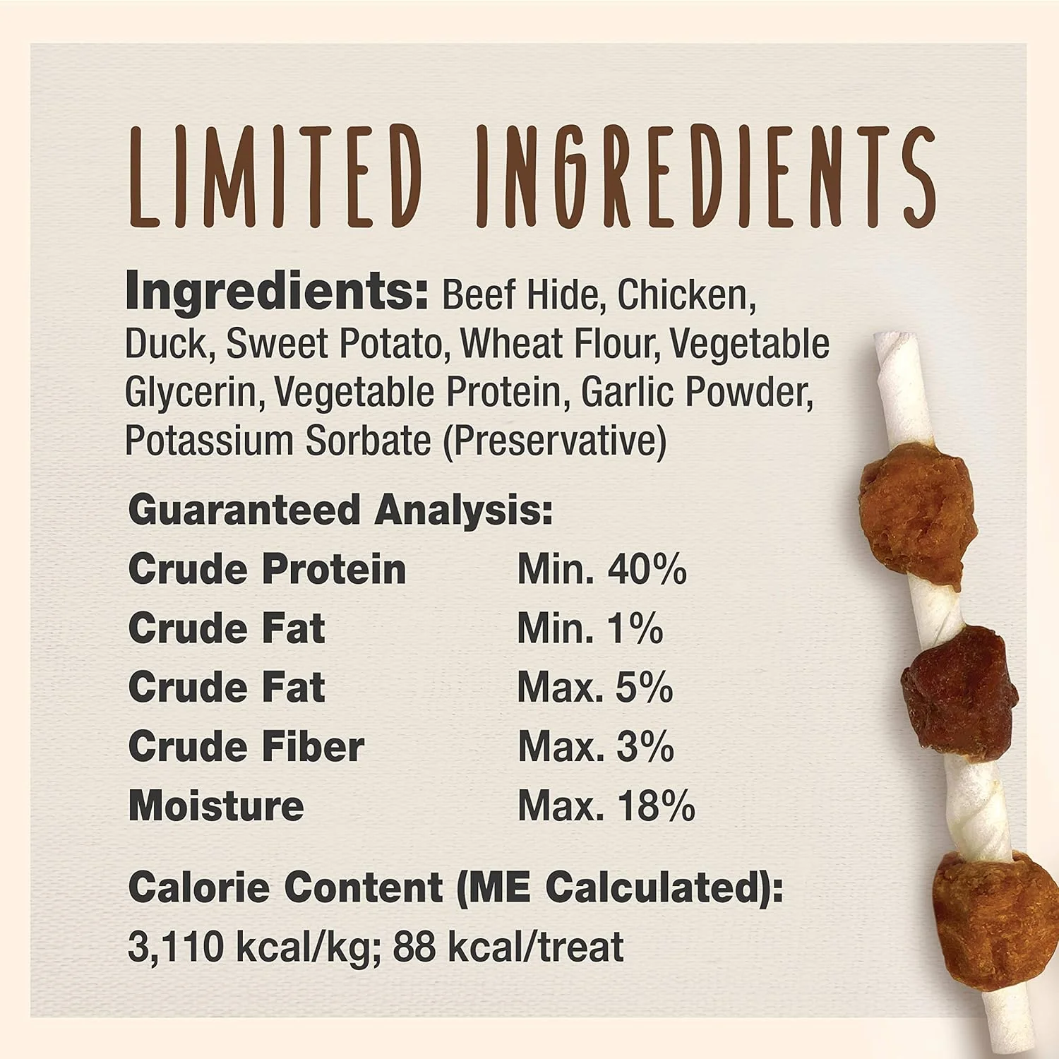 Cadet Gourmet Triple-Flavored Beef Hide Shish Kabob Dog Treats - Healthy & Natural Chicken, Duck, & Sweet Potato Dog Treats, 5 in. - Image 5