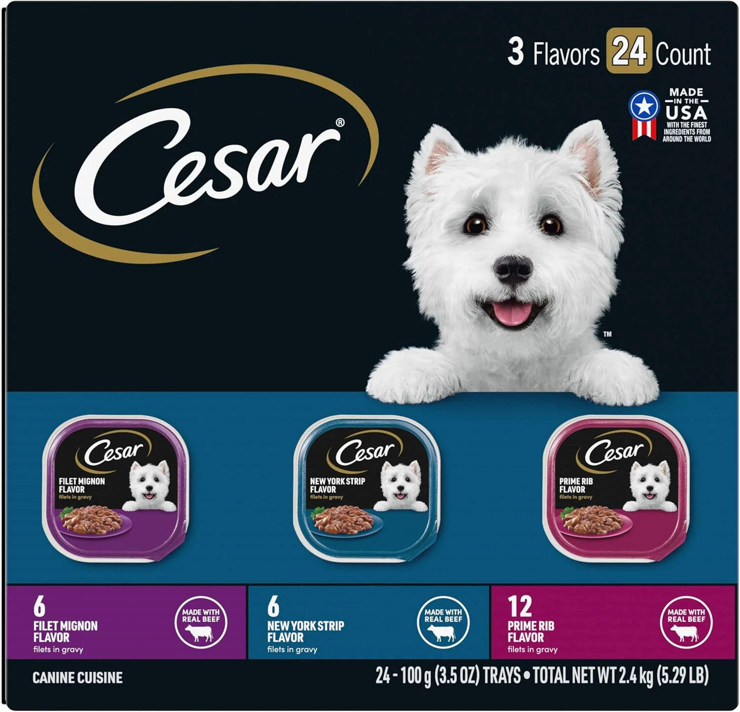 CESAR Adult Soft Wet Dog Food Filets in Gravy Variety Pack, Filet Mignon, New York Strip and Prime Rib Flavors