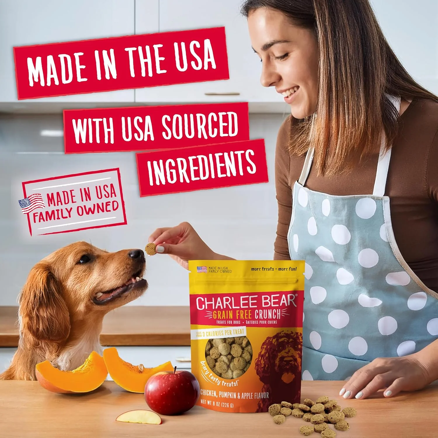 Charlee Bear Crunch Grain Free Dog Treats, Chicken, Pumpkin and Apple, 8 Ounce Resealable Bag, Low Calorie Training Treats for Dogs, Limited Ingredient, Healthy, Crunchy Dog Snacks, Made in USA - Image 3