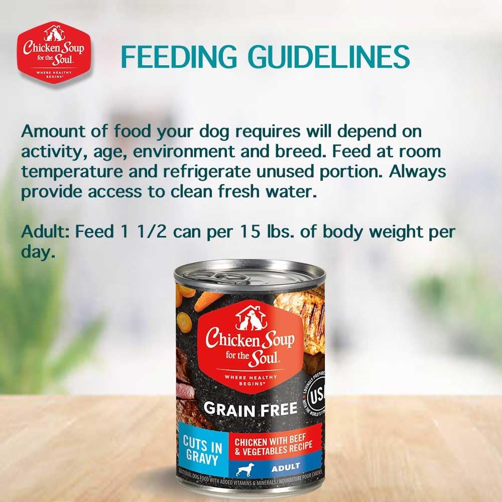 Chicken Soup for the Soul All Natural Premium Grain-Free All Life Stage Wet Dog Food, Real Meat First Ingredient, No by-Products, Chicken with Beef & Vegetables Cuts in Gravy, 13oz (Pack of 12) - Image 6
