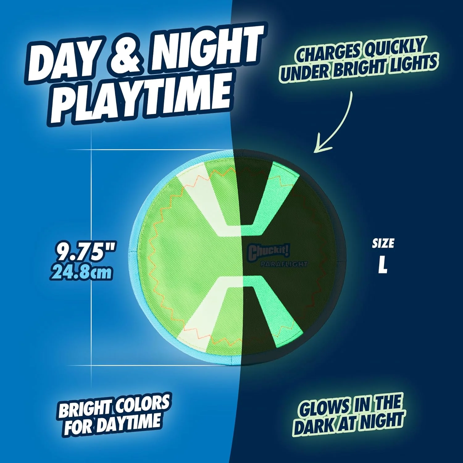 Chuckit! Max Glow Paraflight Flying Disc Dog Toy - Water Floating Flyer - Durable Nylon Construction with Soft Rubber Edges - For Medium and Large Dogs - Image 6