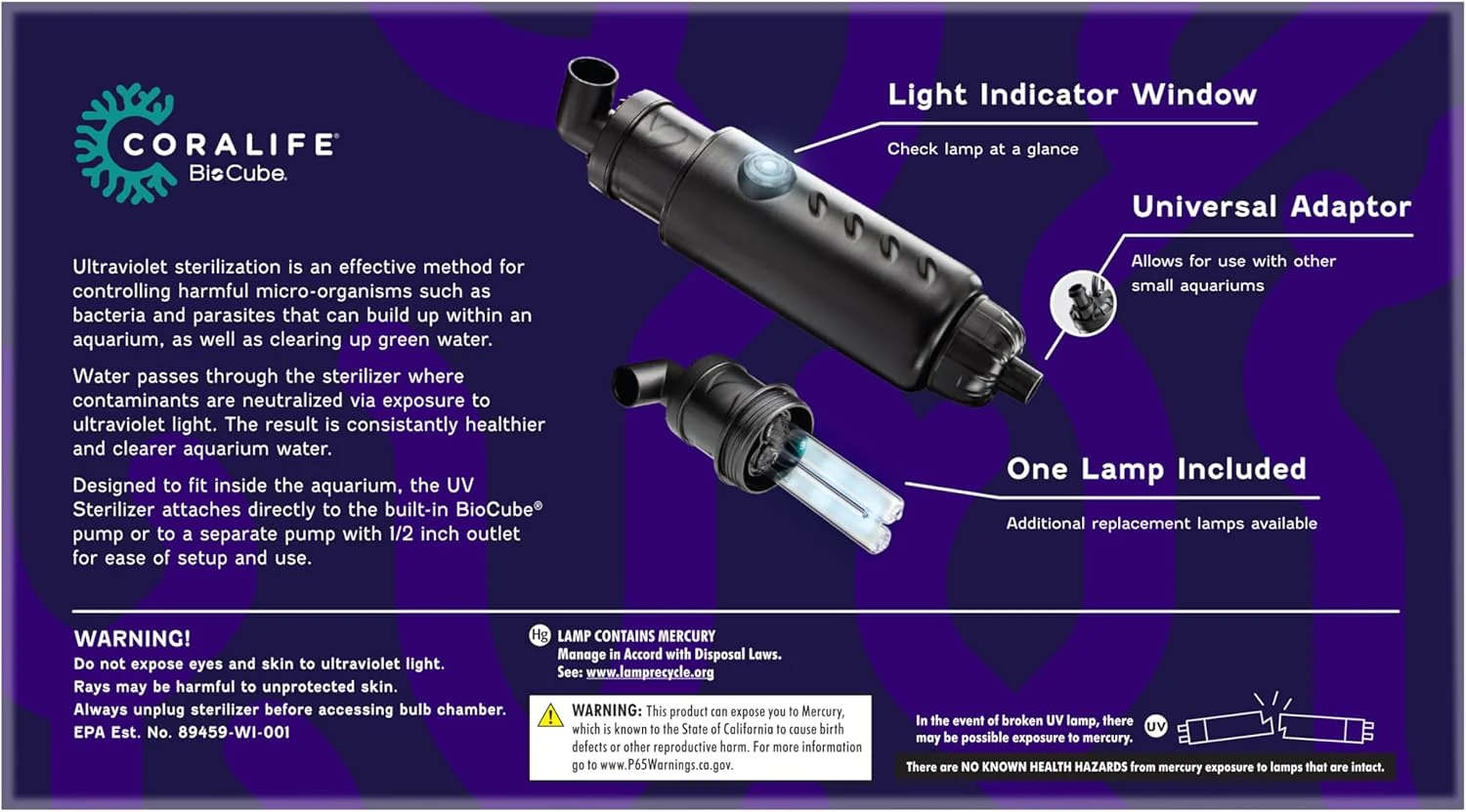 Coralife Aquarium Fish Tank Marine Salt Water Turbo-Twist UV Sterilizer, Mini, For BioCubes - Image 3