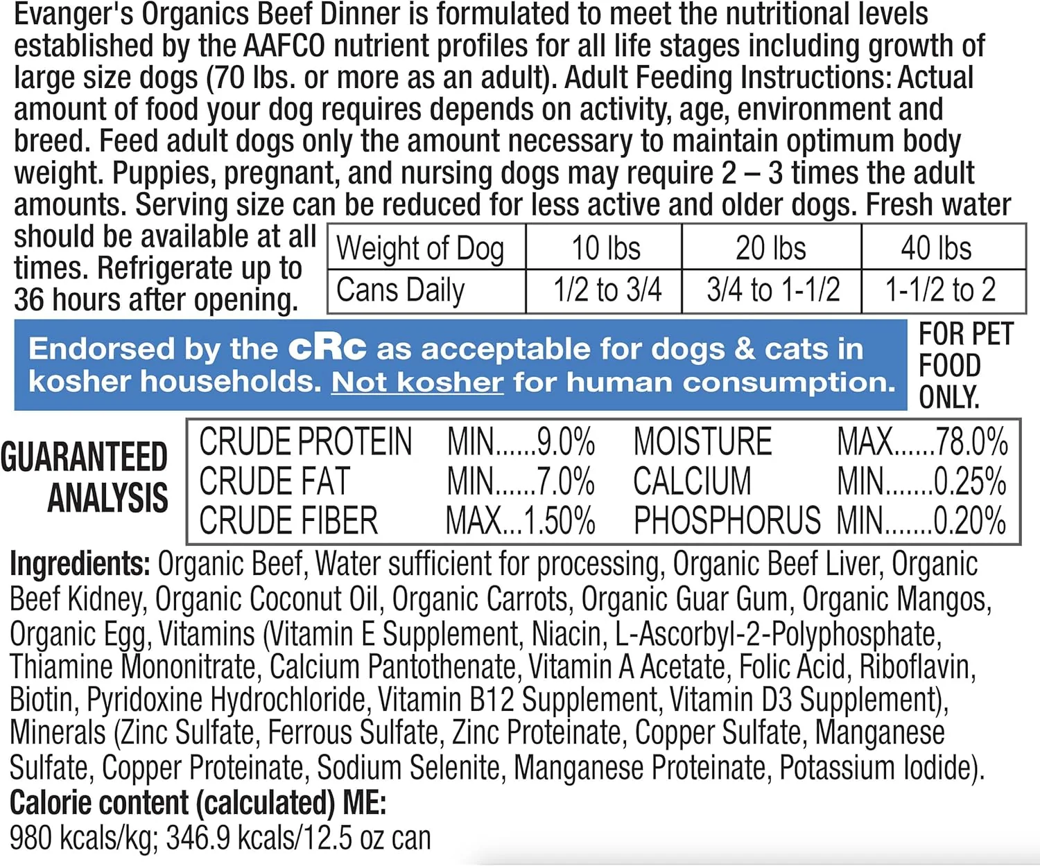 Evanger's Organics Beef Dinner for Dogs - 12, 12.5 oz Cans - Image 2
