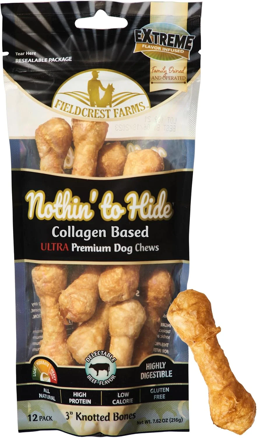 Fieldcrest Farms Nothin' to Hide 3 inch Ultra Knotted Bone Treats - Natural Rawhide Alternative Treats for Dogs, Collagen Based Snack for Heavy Chewers up to 15lbs - Beef Flavor