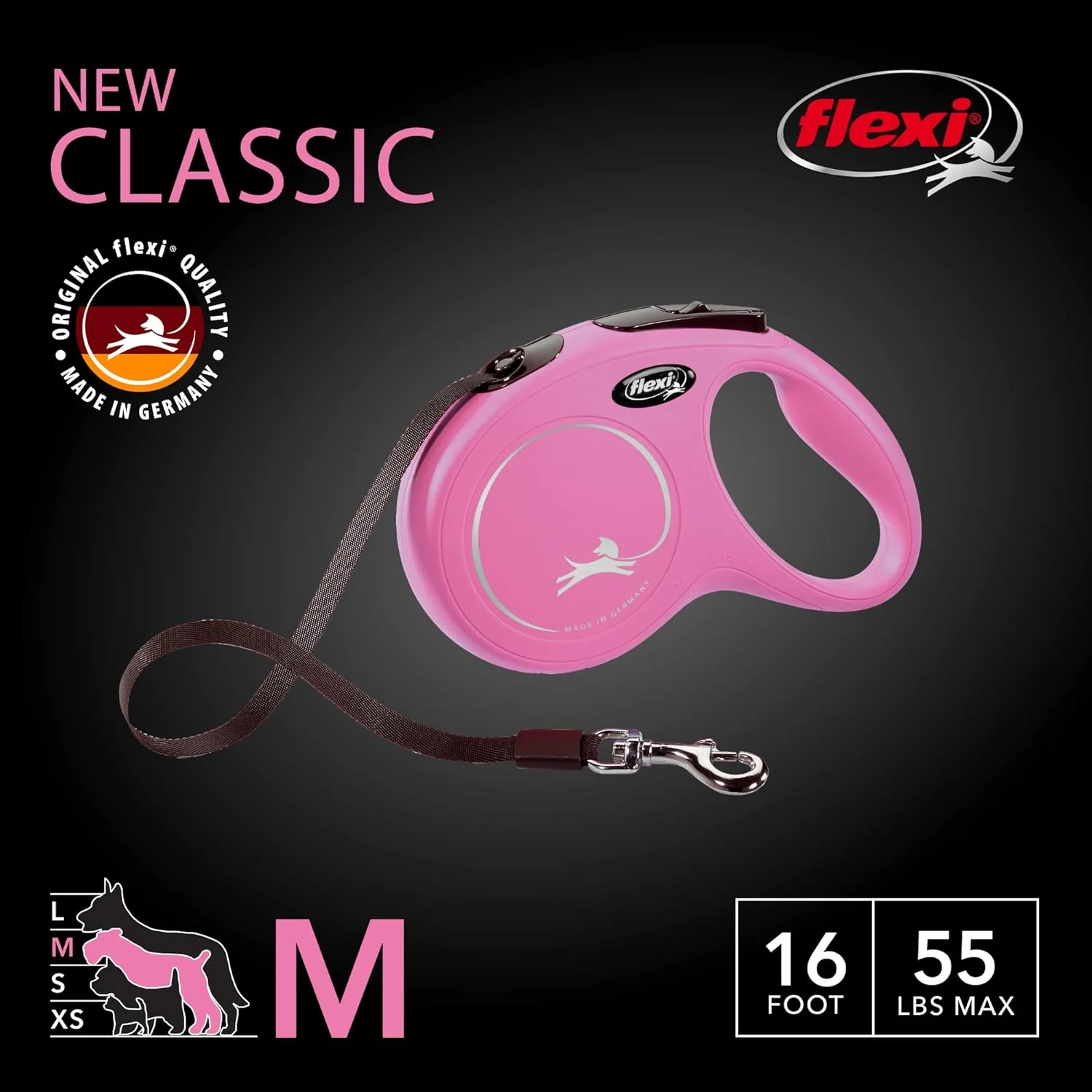 FLEXI New Classic Tape Retractable Dog Leash for Medium Dogs Upto 55 lbs. – 16 ft., Pink | Tangle Free Pet Walking Leash with One-Handed Brake, Pause, Lock | German Quality Product - Image 2