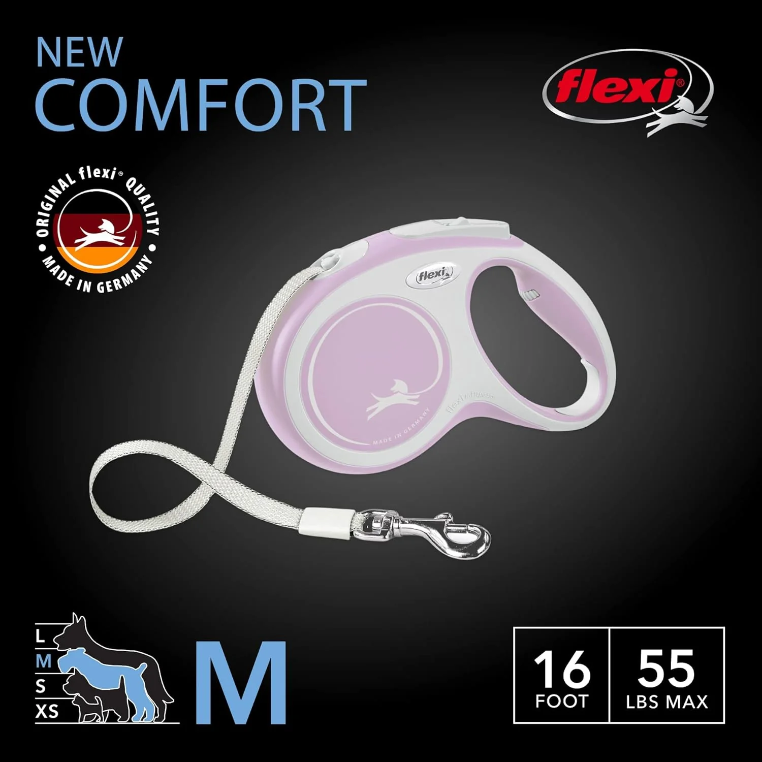 FLEXI® New Comfort Tape Retractable Dog Leash for Medium Dogs Upto 55 lbs. – 16 ft.,Pink/Rose | Tangle Free Pet Walking Leash with One-Handed Brake, Pause, Lock |German Quality Product - Image 2