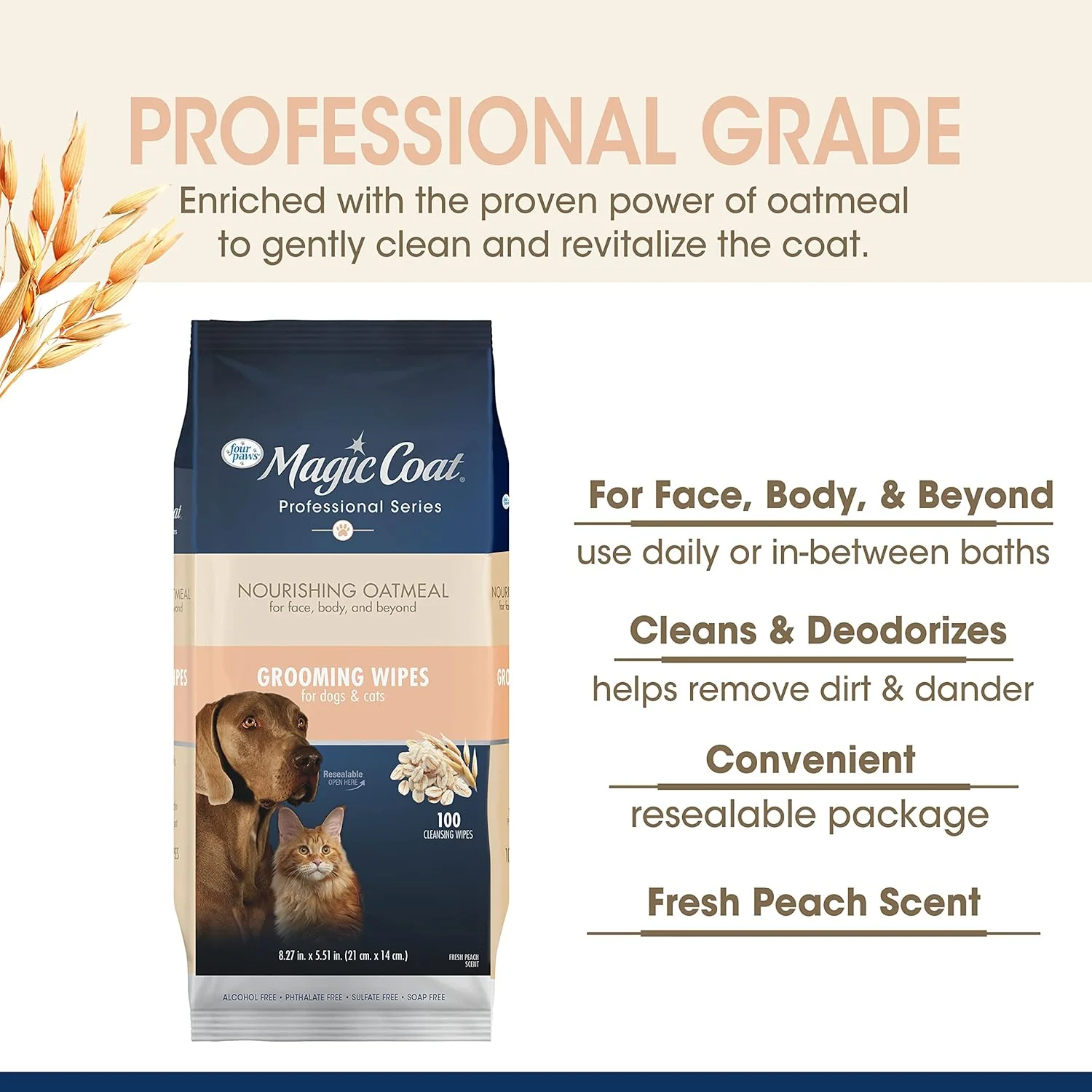 Four Paws Magic Coat Professional Series Nourishing Oatmeal Cat and Dog Grooming Wipes - Fresh Peach Scent - Image 4