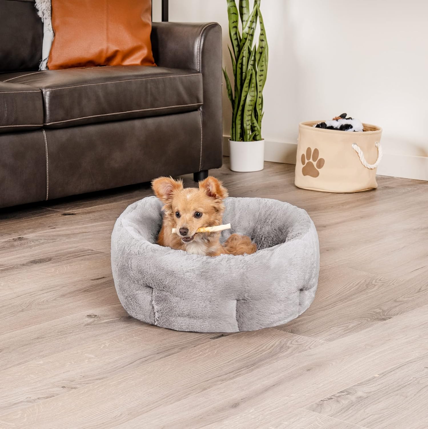 Furhaven 20" Round Self-Warming Pet Bed for Indoor Cats & Small Dogs, 100% Washable, For Pets Up to 20 lbs - Hi Lo Plush Luxe Faux Fur Cuddler - Gray, Small - Image 3