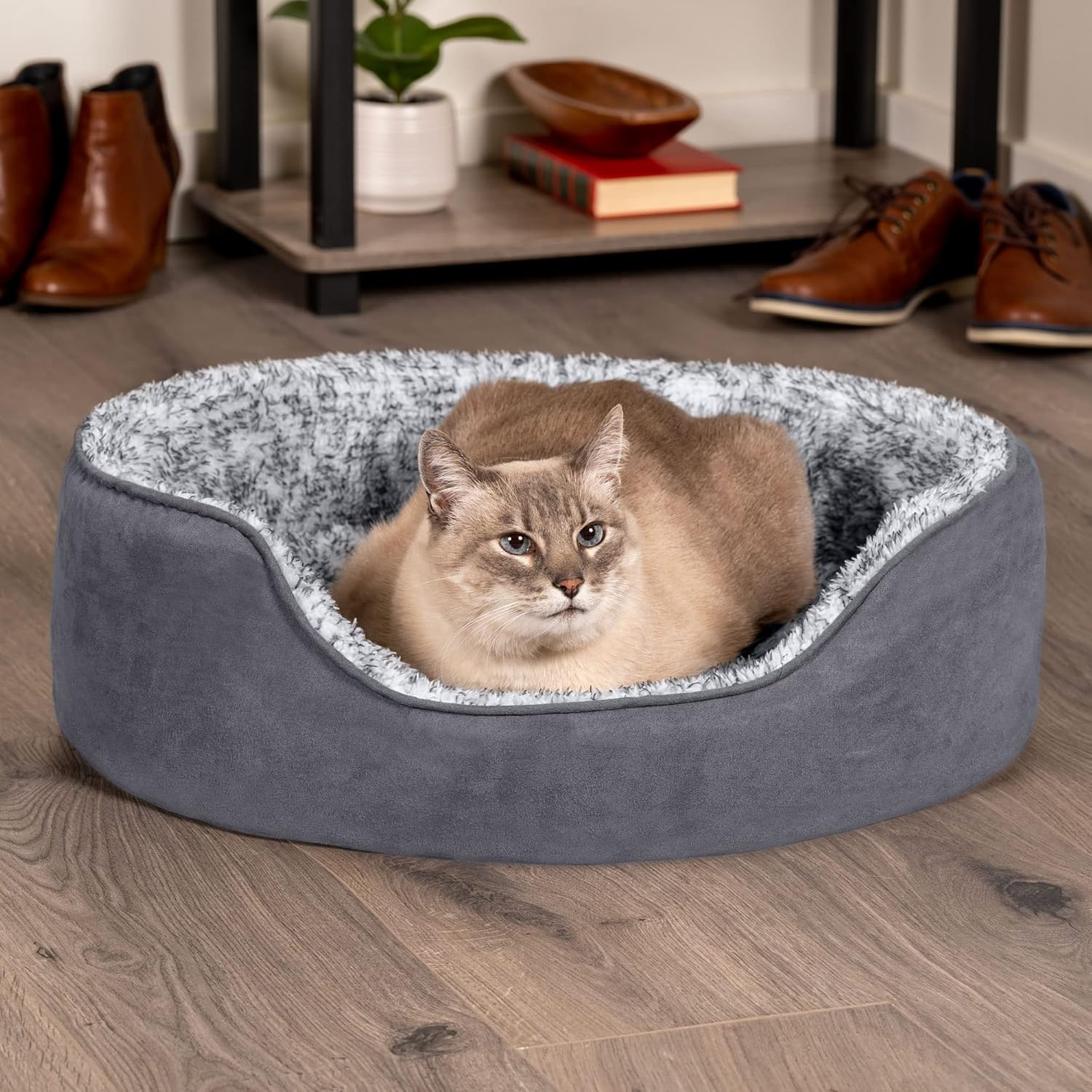 Furhaven Dog Bed for Small Dogs w/ Removable Washable Cover & Pillow Cushion Insert, For Dogs Up to 12 lbs - Two-Tone Faux Fur & Suede Oval Lounger - Gray, Small - Image 3
