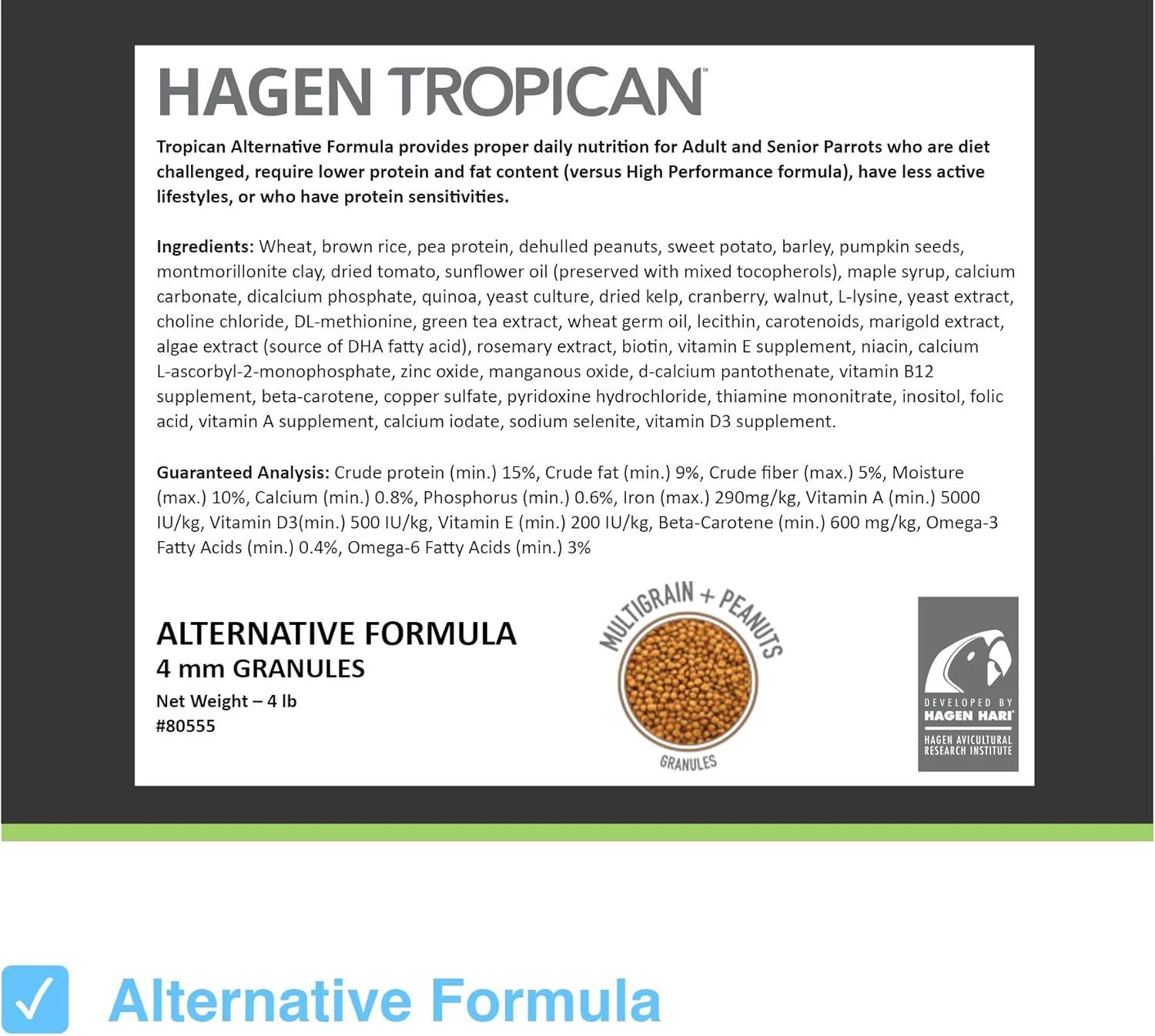 Hari Tropican Bird Food, Hagen Parrot Food Alternative Formula for Birds with Digestive Issues, No Soy or Corn, 4mm Granules, 4 lb Bag - Image 2