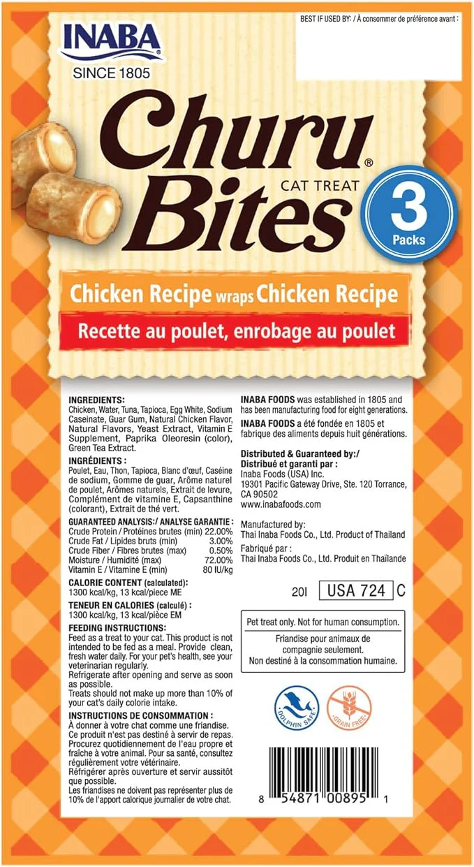 INABA Churu Bites for Cats, Soft Baked Chicken Churu Filled Cat Treats with Green Tea Extract, 0.35 Ounces Each Tube, 18 Tubes Total (3 per Pack), Chicken Recipe - Image 6