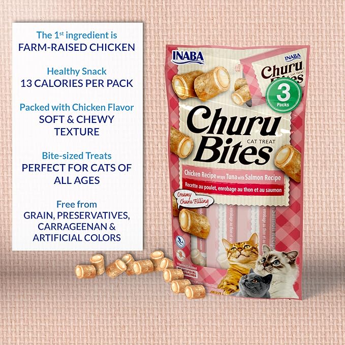 INABA Churu Bites for Cats, Soft Baked Chicken Churu Filled Cat Treats with Green Tea Extract, 0.35 Ounces Each Tube, 18 Tubes Total (3 per Pack), Chicken Recipe - Image 4