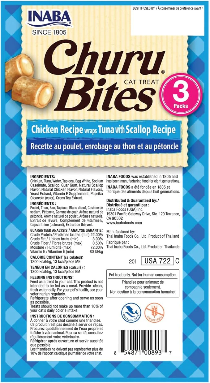 INABA Churu Bites for Cats, Soft Baked Chicken Churu Filled Cat Treats with Green Tea Extract, 0.35 Ounces Each Tube, 18 Tubes Total (3 per Pack), Tuna with Scallop Recipe - Image 2