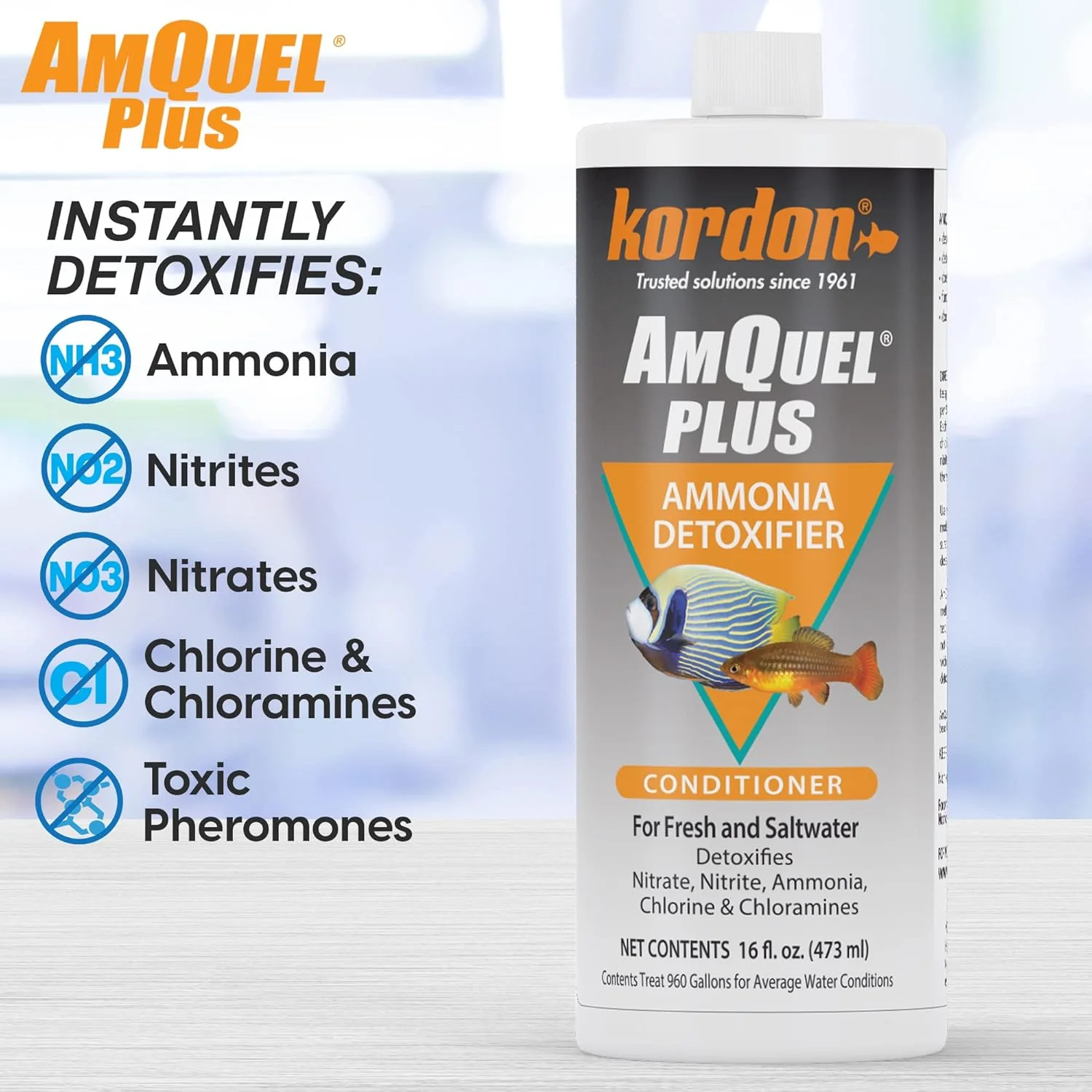 Kordon AmQuel Plus Aquarium Water Conditioner - Instantly Detoxifies Ammonia, Nitrite, Nitrate, and Chlorine Remover for Freshwater & Saltwater Aquariums, 16 Ounces - Image 2