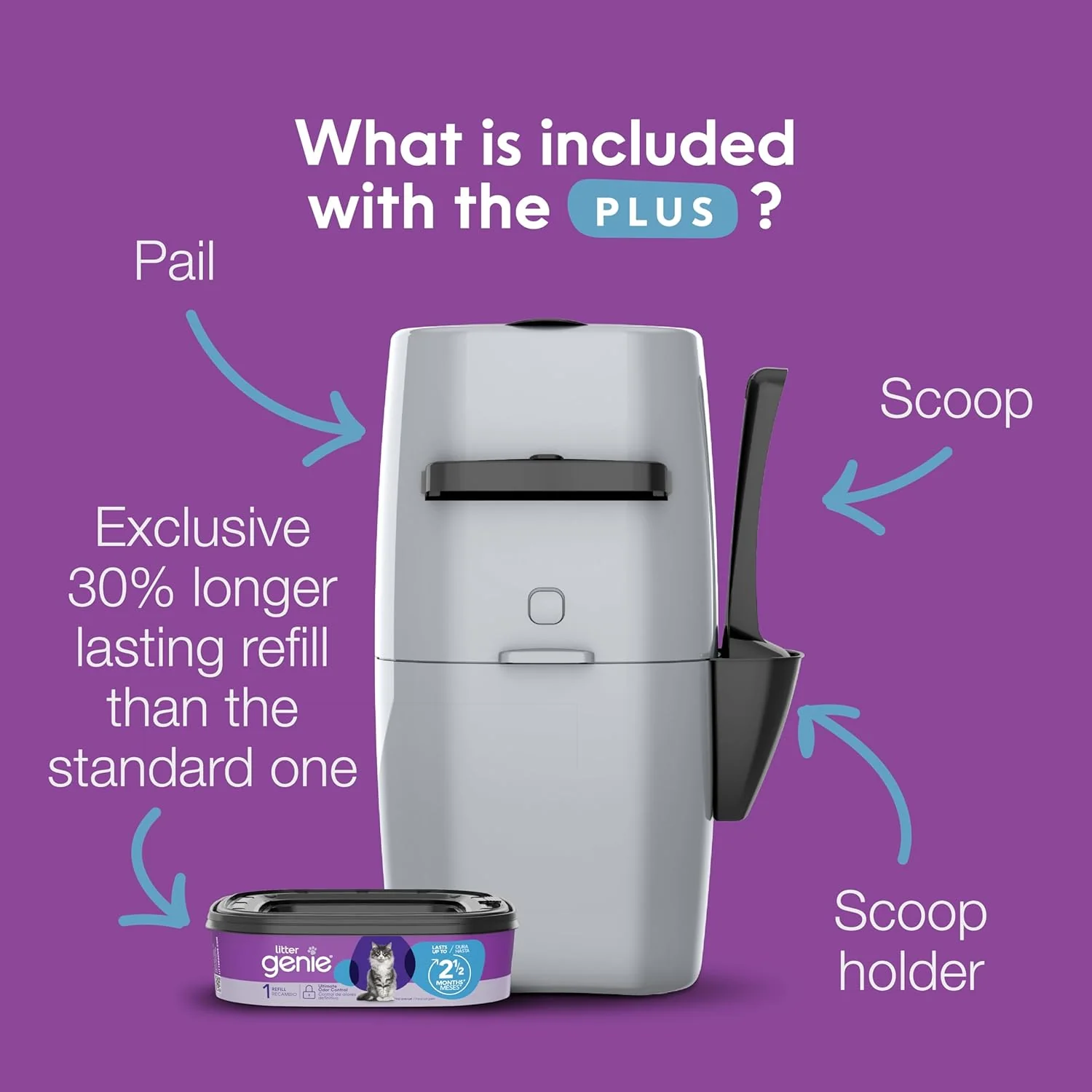 Litter Genie Plus Pail (Silver) | Cat Litter Box Waste Disposal System for Odor Control | Includes 1 Square Refill Bag - Image 2