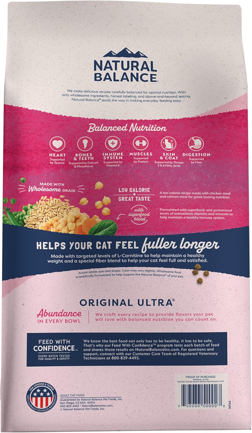 Natural Balance Fat Cats Low-Calorie Dry Cat Food for Overweight Adult Cats, Chicken Meal, Salmon Meal, Garbanzo Beans, Peas & Oat Groats Recipe, 15 Pound (Pack of 1) - Image 3