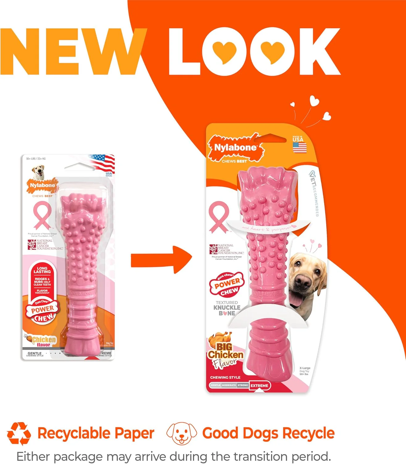 Nylabone Power Chew Breast Cancer Awareness Femur Bone Chew Toy for Dogs, Indestructible Dog Toys for Aggressive Chewers, Chicken Flavor - Image 2