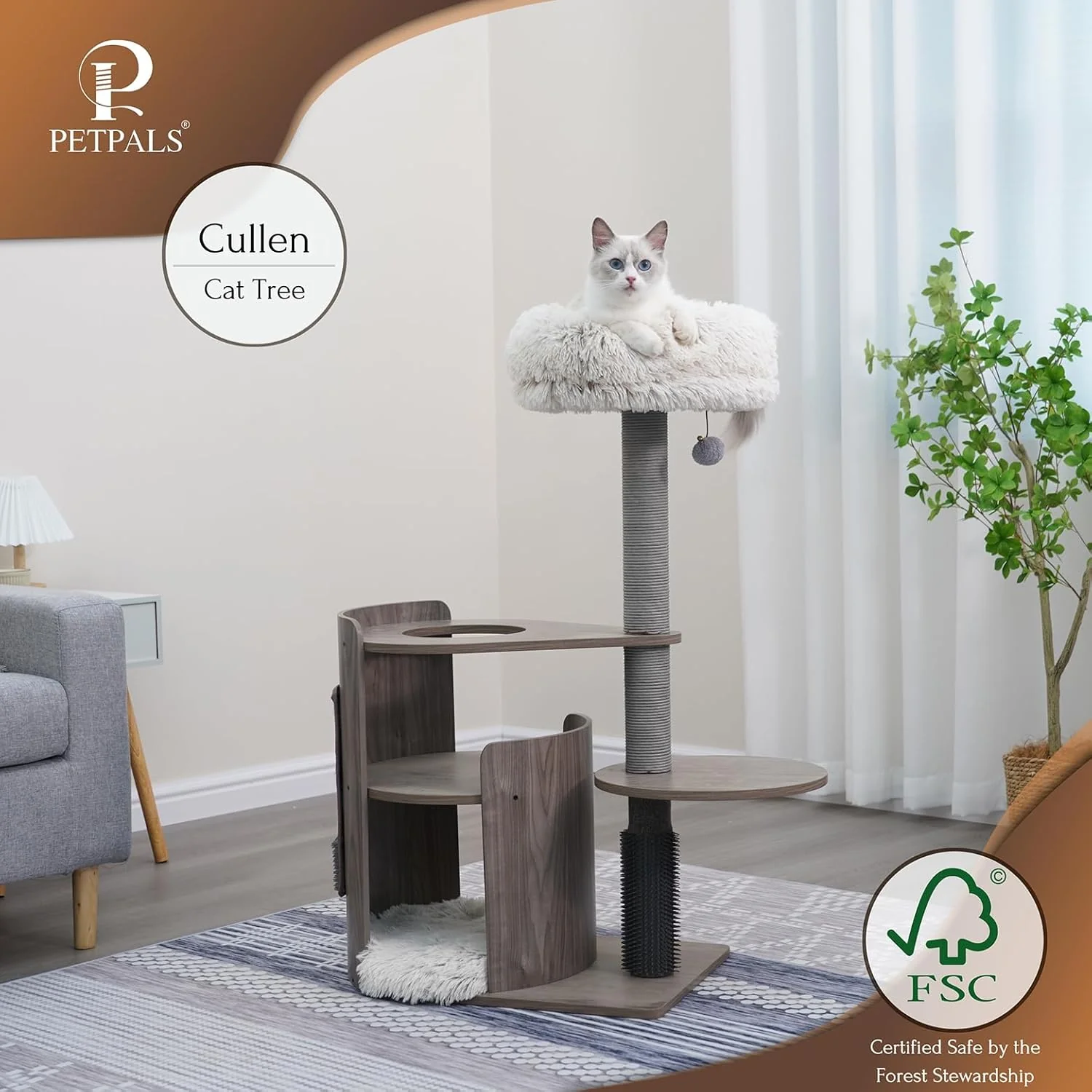 PetPals® Cullen Mid-Century 4-Level Cat Tower with Laminated Wood Frame, Recycled Paper Rope Scratching Posts, Sisal Mat, Soothing Massager, Sustainable Cat Furniture(Taupe) - Image 8