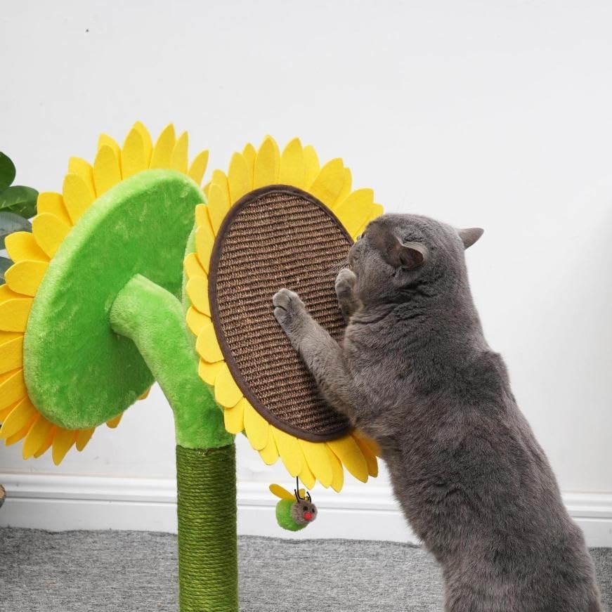 PetPals 26" Tall Double Sunflower Style Cat Scratcher with Angled Jute Scratching Pads and Post with a Toy Bee (Yellow-Sunflower) - Image 5