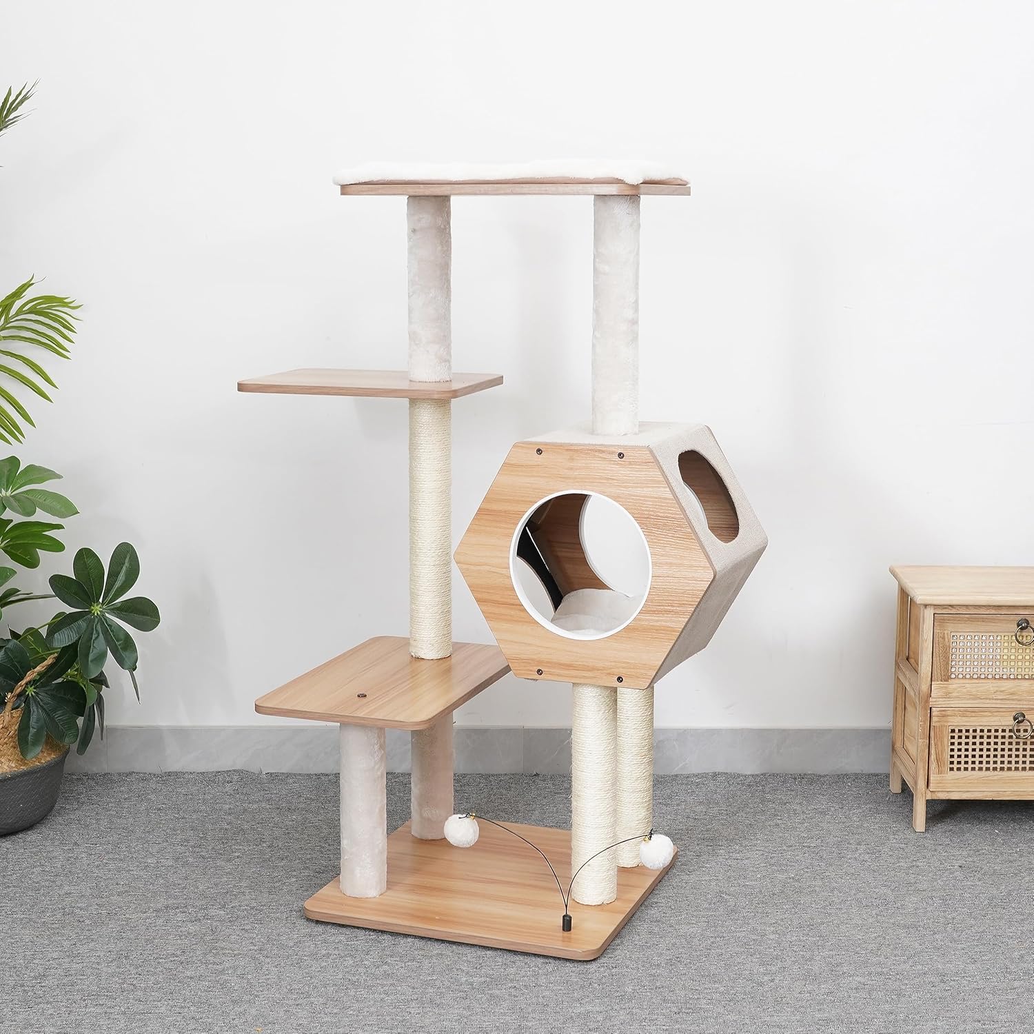Petpals 44" High 5 Level Minimalist Large Cat Tower with Wooden Condo and Platforms, Natural Sisal Scratching Posts, Playful Toys,for Adult Cats (Beige) - Image 4