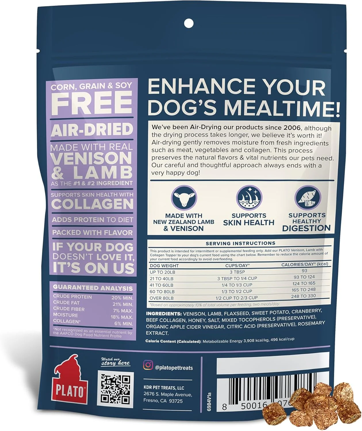 PLATO Pet Treats Dog Food Toppers - Air-Dried Dog Food Toppers for Dry Food - with Collagen to Support Skin and Coat Health - Venison, Lamb and Collagen Recipe - Image 2