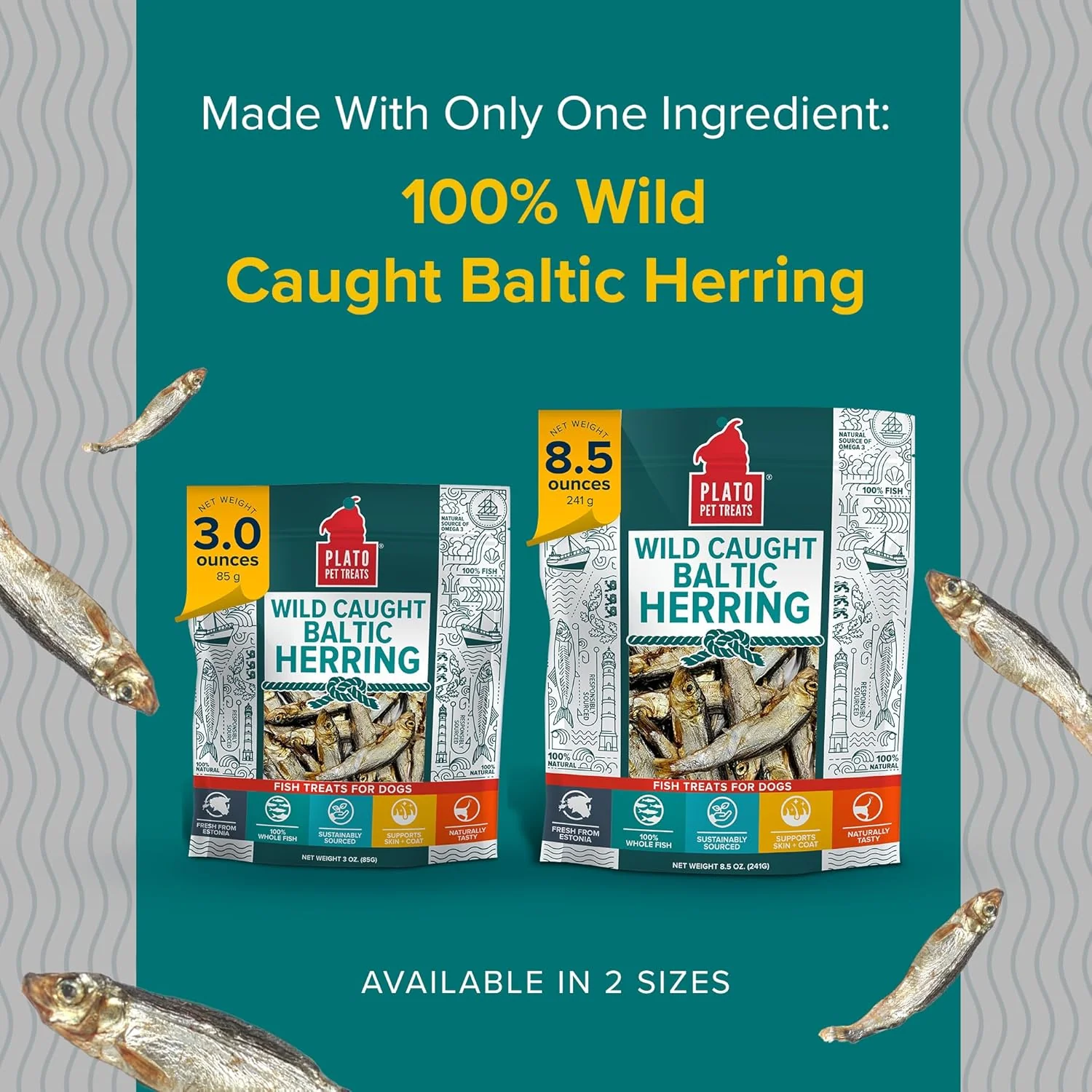 PLATO Pet Treats Fish Dog Treats - Air-Dried, Single Ingredient Dog Treat - with Omega 3 & 6 Fatty Acids to Support Skin and Coat - 100% Whole Fish - Wild Caught Baltic Herring Dog Treats - Image 4