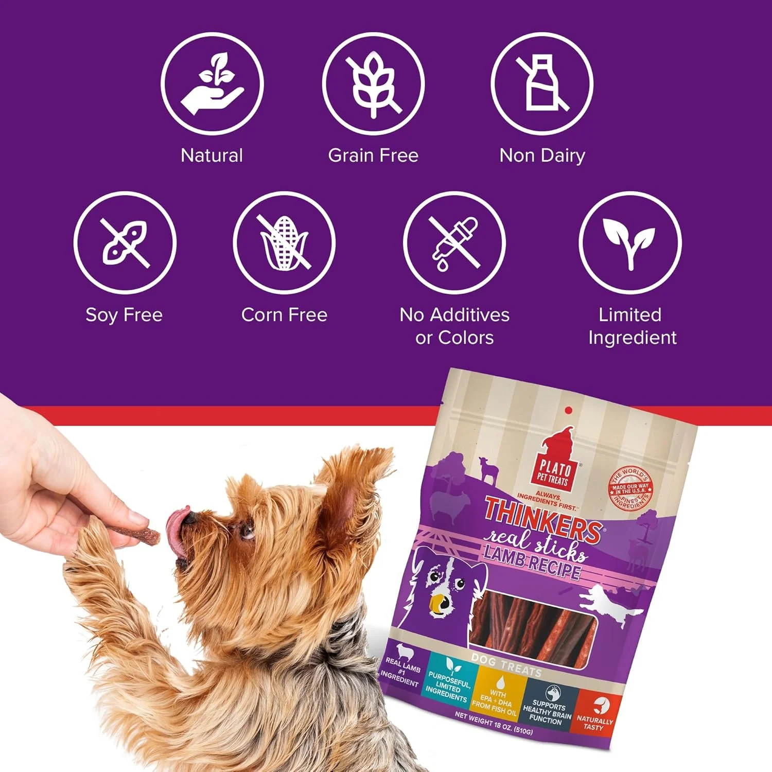Plato Pet Treats Thinkers - Meat Sticks for Dogs - Limited Ingredient Treats with EPA and DHA to Support Skin, Coat, and Brain - Air-Dried - Lamb - Image 7