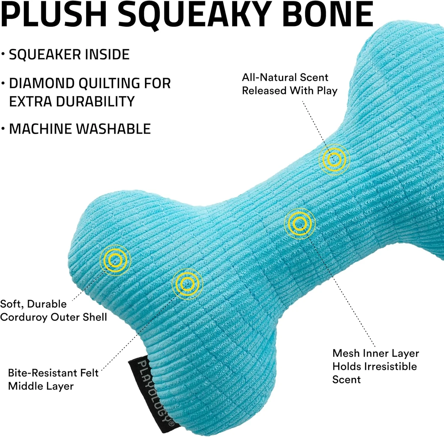 Playology Plush Squeaky Bone , All Natural Peanut Butter Scented Plush Dog Toy - Image 2