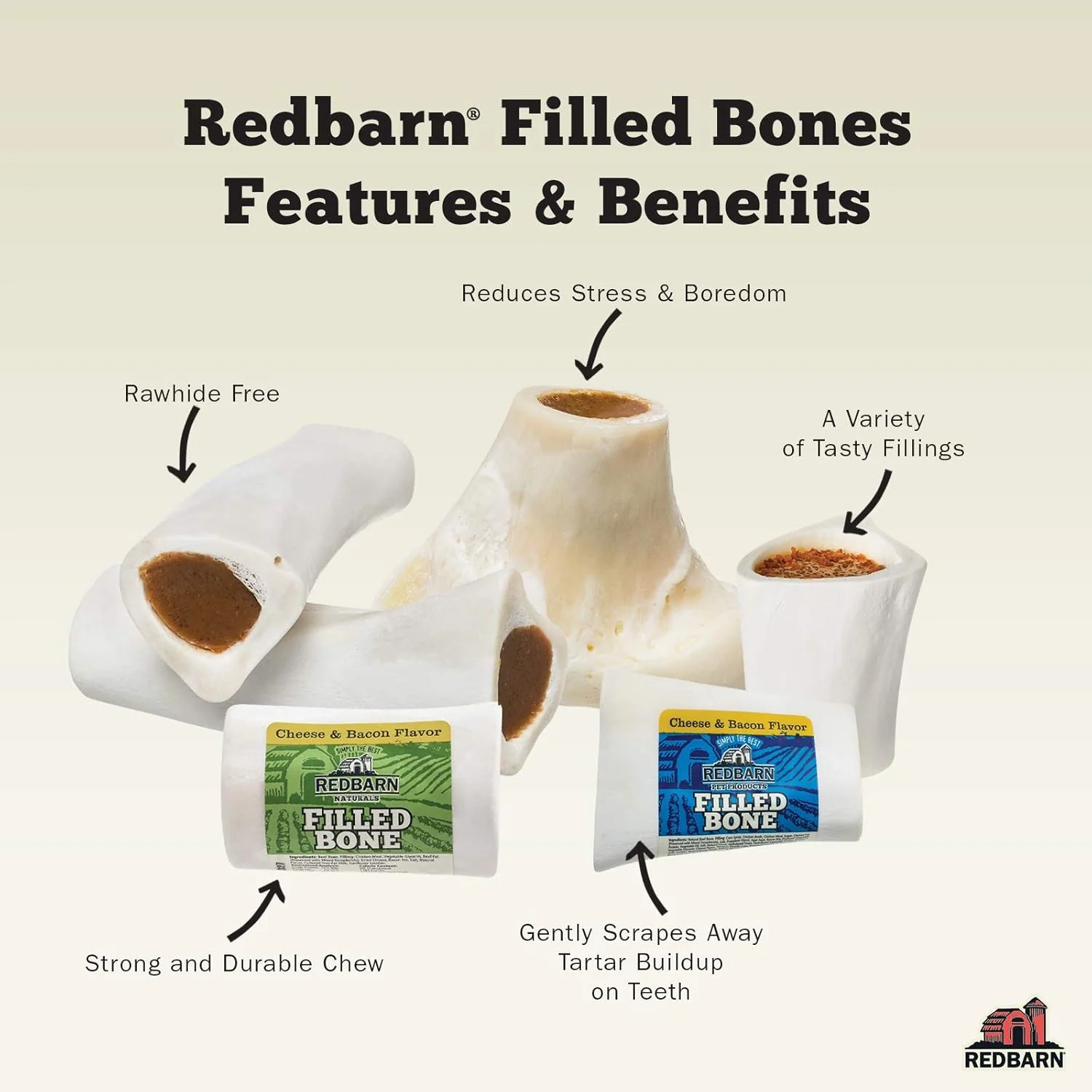 Redbarn Filled Dog Bones, Natural Long-Lasting Dental Treats; Suitable for Aggressive Chewers(Cheese N' Bacon) - Image 6