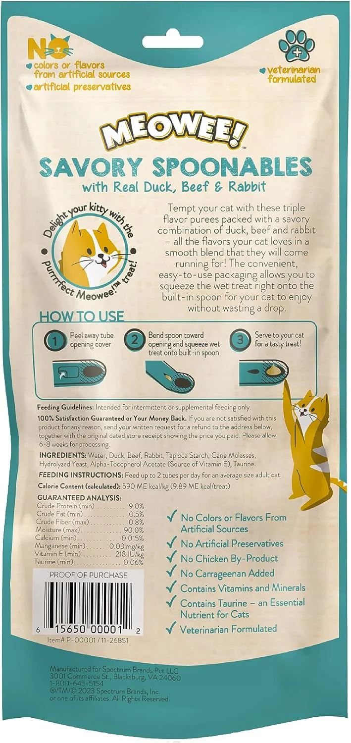 Savory Spoonables with Real Duck, Beef & Rabbit, Tube, Triple Flavor Squeezable Lickable Wet Treats for Cats with Built-in Spoon for Less Mess - Image 3