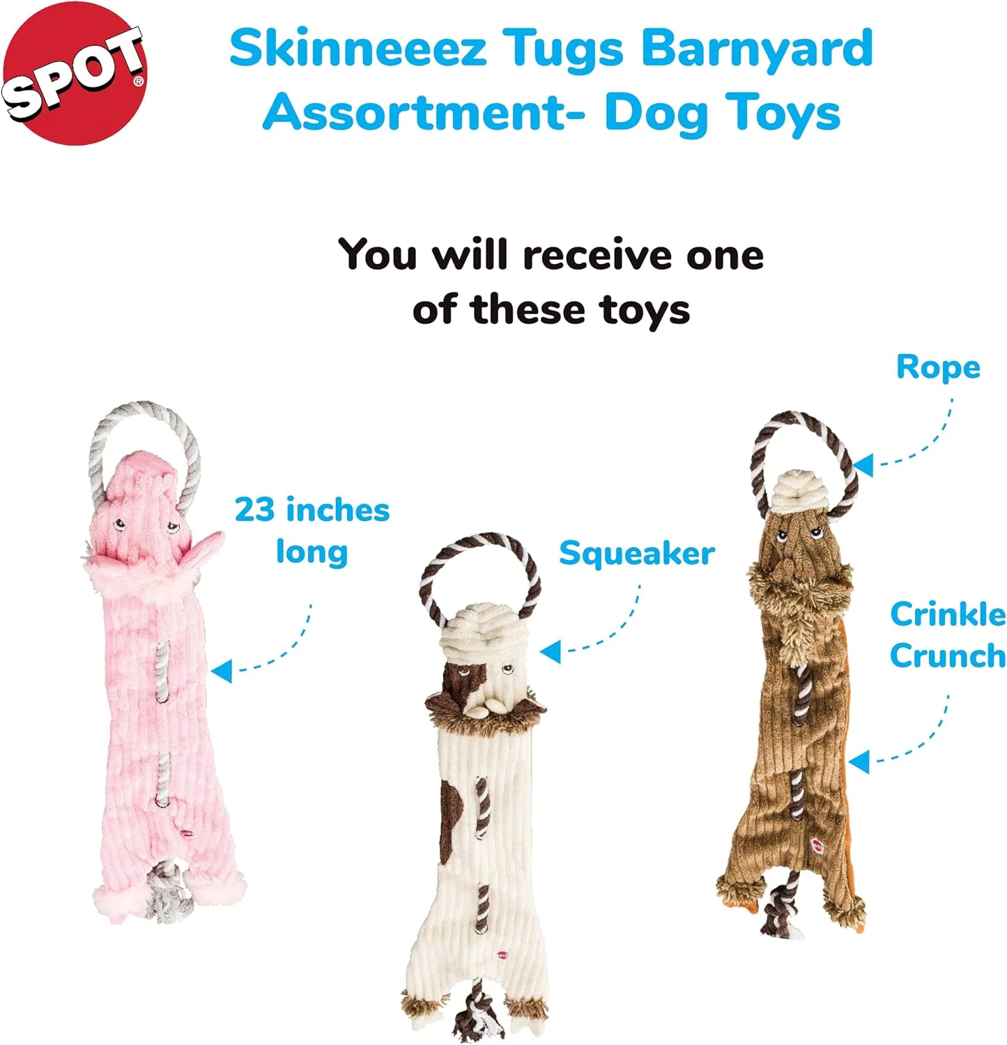 Skinneeez Barnyard Tug Dog Toy - Rope Design for Strong Chewers, Squeaker & Crinkle, Stuffing-Free, Tug Toy for Medium to Large Dogs & Puppies - Image 2