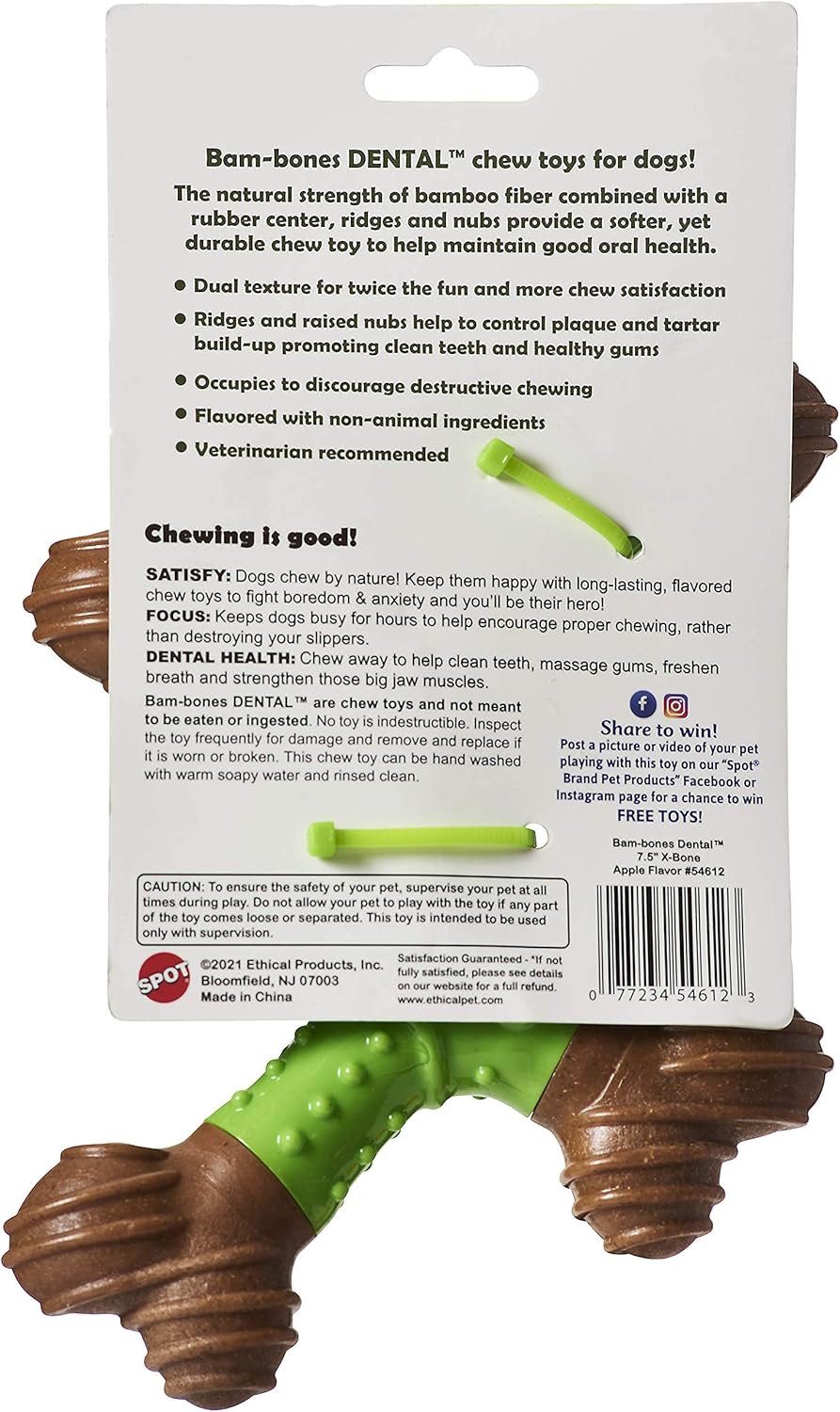 SPOT Bam-Bones Dental X-Bone - Made with Bamboo Fiber and a Massaging Rubber Center to Keep Teeth Clean, Durable Oral Care Dog Chew for Light Chewers & Teething Puppies Under 40lbs, 8in, Apple Flavor - Image 4