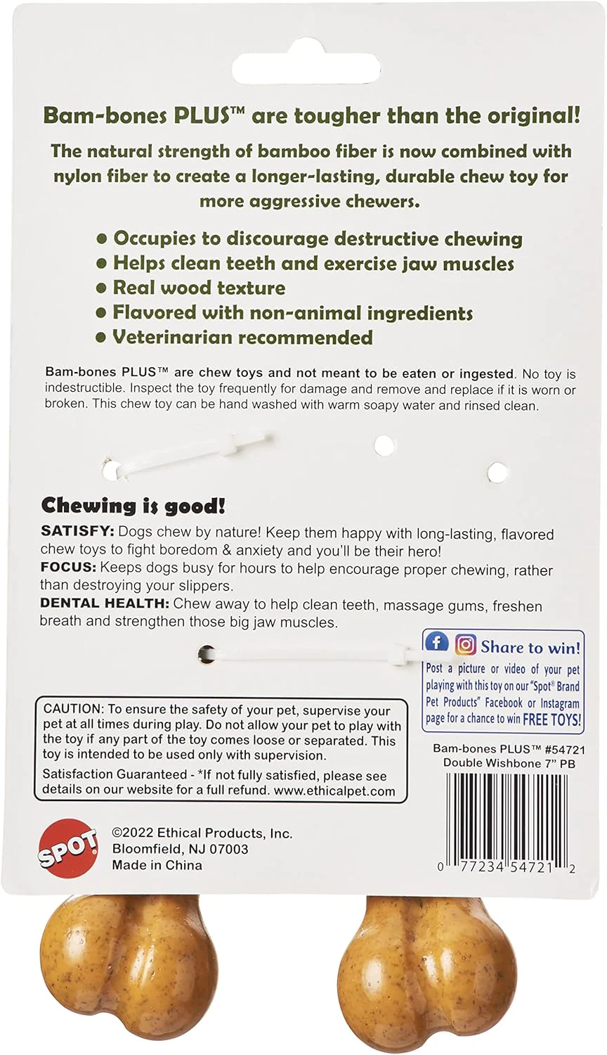 SPOT Bam-bones PLUS Double Wishbone -Bamboo Fiber & Nylon, Durable Long Lasting Dog Chew for Aggressive Chewers for Dogs & Puppies under 90lbs, Non-Splintering, 7in, Allergen Free Peanut Butter Flavor - Image 6