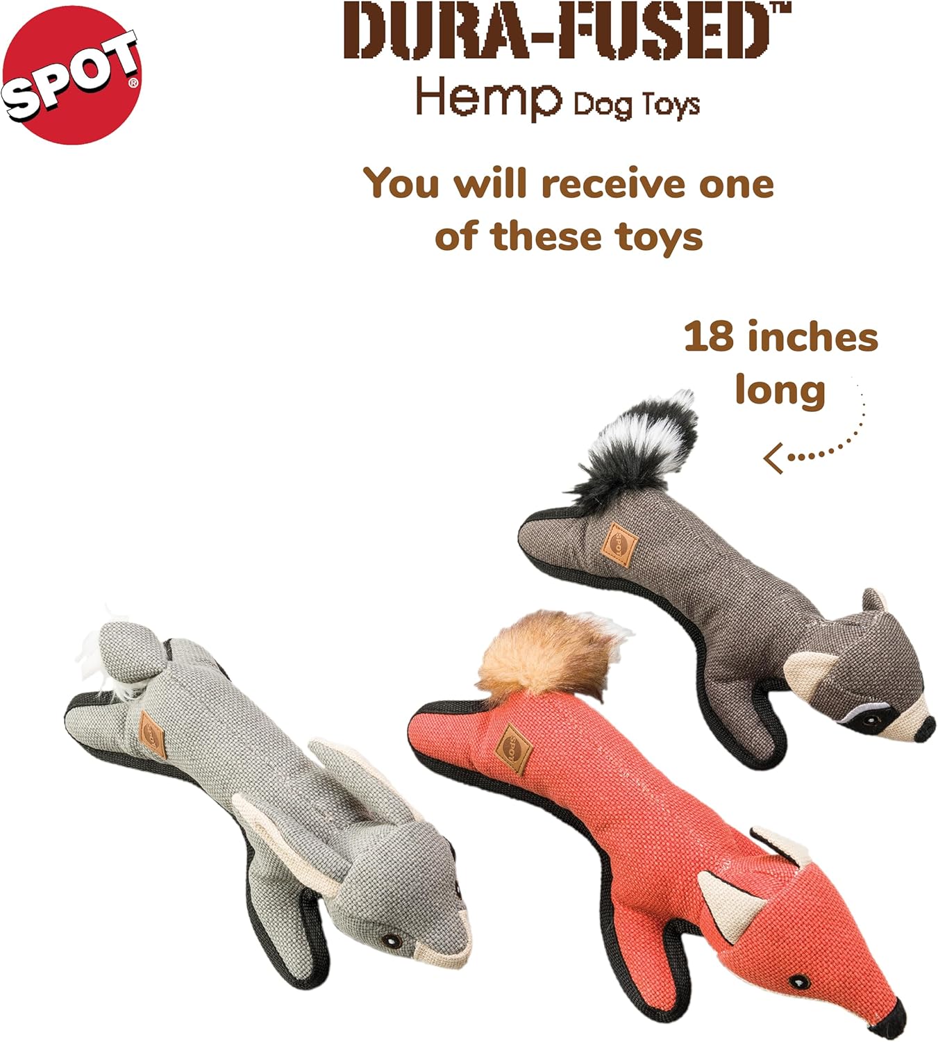 SPOT Dura-Fused Hemp Pals - Dog Toy Made with Hemp Material, Fused with Tricot for Durablity, with Furry Plush Tail and Squeaker, Great for Light to Moderate Chewers - 18" Assorted Styles, 1 Piece - Image 2