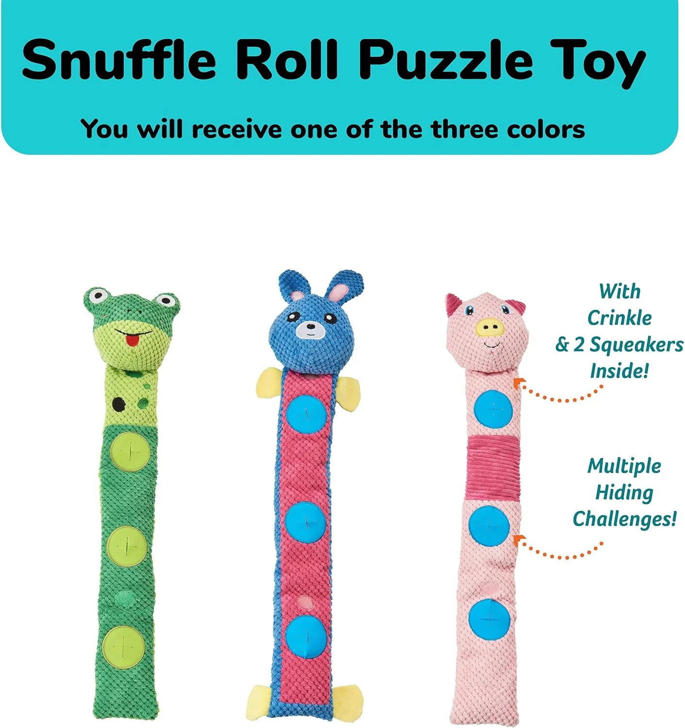 SPOT Snuffle Roll Puzzle Toy, Interactive Feeding Toy for Dogs, Mental Stimulation, 3 Treat Pockets, Crinkle & 2 Squeakers, 25 Inch, Assorted Styles - Image 2