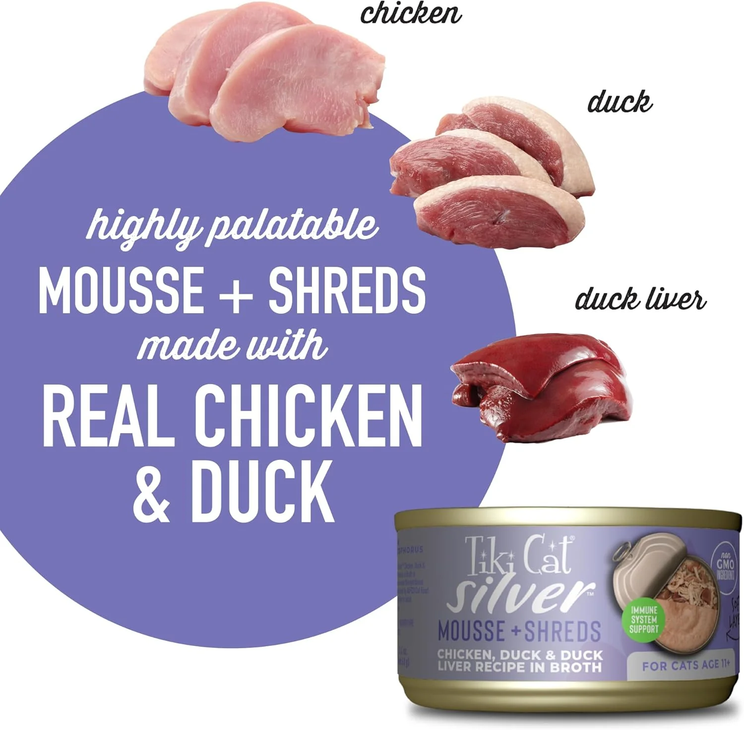 Tiki Cat Silver Comfort Mousse + Shreds, Chicken & Duck and Duck Liver, Immune System Support Formulated for Older Cats Aged 11+, Senior Wet Cat Food - Image 5