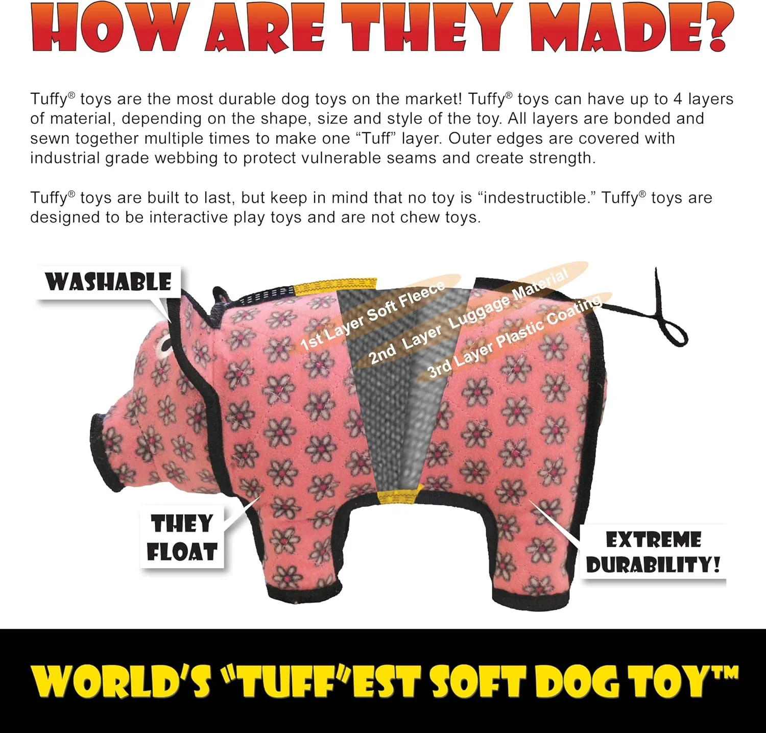 TUFFY - World's Tuffest Soft Dog Toy- Zoo Elephant -Multiple Layers. Made Durable, Strong & Tough. Interactive Play (Tug, Toss & Fetch). Machine Washable & Floats. (Regular) - Image 8