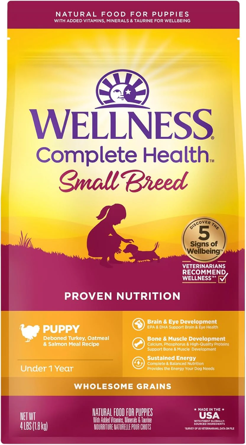 Wellness Complete Health Small Breed Dry Dog Food with Grains, Natural Ingredients, Made in USA with Real Turkey, For Dogs Up to 25 lbs. (Puppy, Turkey, Salmon & Oatmeal)