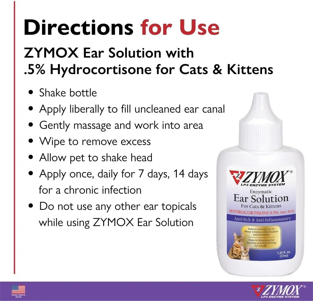 Zymox Enzymatic Ear Solution with 0.5% Hydrocortisone for Cats & Kittens, 1.25 oz. – Cleans & Refreshes Ear Canal for Relief from Wax, Dirt Buildup, Itchiness, Irritation, Inflammation & Redness - Image 4
